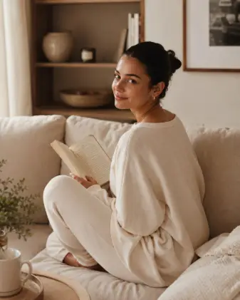 Create a candid portrait of a young woman curled up on a beige linen sofa holding an open book, wearing a relaxed cream loungewear set. Her hair is in a soft slicked-back bun and she wears minimal gold jewelry with dewy fresh skin. She is glancing up from her book toward the camera with a gentle, natural smile, legs tucked under her. Shoot at eye level from a short distance with a shallow depth of field. The lighting is warm, soft, and diffused from a nearby window. The background is a cozy minimal living room in neutral tones, softly blurred. Calm, warm, clean aesthetic. Use aspect ratio 4:5.