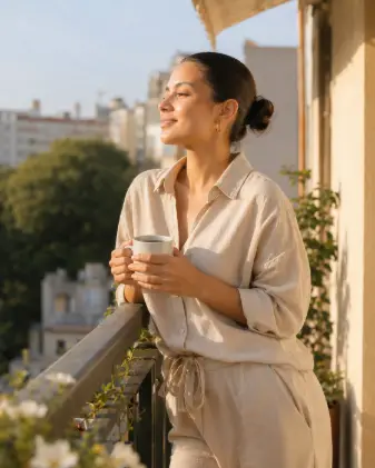 Create a candid portrait of a young woman standing on a small balcony in soft morning sunlight, holding a cup of coffee. She is wearing a relaxed beige linen set with her hair in a sleek low bun and small gold hoops, skin glowing and dewy. She is leaning lightly against the railing, looking out with a soft, peaceful expression, the sun catching her face. Shoot at eye level with a shallow depth of field. The lighting is warm golden morning light with a gentle glow. The background is a softly blurred view of greenery and pale buildings. Fresh, serene, clean aesthetic. Use aspect ratio 4:5.