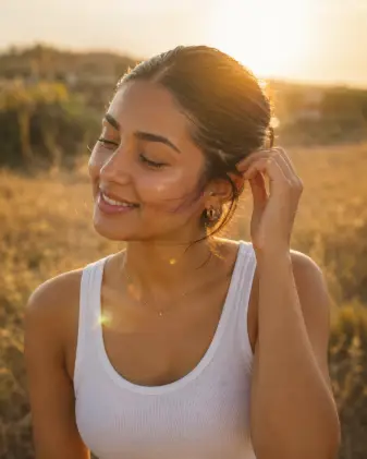 Create a candid portrait of a young woman standing outdoors during golden hour, the warm sun glowing on her dewy skin. She is wearing a simple white tank top with her hair in a slicked-back bun and small gold hoops, makeup soft and natural. She is gently tucking a loose strand of hair behind her ear, head tilted slightly, with a soft natural smile and eyes nearly closed in the warm light. Shoot at eye level with a shallow depth of field and subtle lens flare. The lighting is warm, golden, low-angle sunlight. The background is a softly blurred field with warm tones. Dreamy, fresh, clean aesthetic. Use aspect ratio 4:5.
