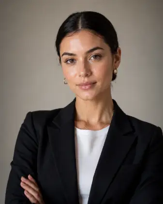 Create a portrait of a young woman wearing a fitted black blazer over a plain white top, styled minimally. Her hair is in a sleek center-parted low bun and she wears small gold hoops with a single thin necklace. Her skin is dewy with a fresh natural makeup look. She is standing with strong, relaxed posture, arms loosely crossed, looking directly into the camera with a calm, confident expression. Shoot at eye level, slightly close-up, with a shallow depth of field. The lighting is clean and soft, evenly lit. The background is a smooth neutral gradient backdrop. Polished, minimal, editorial aesthetic. Use aspect ratio 4:5.