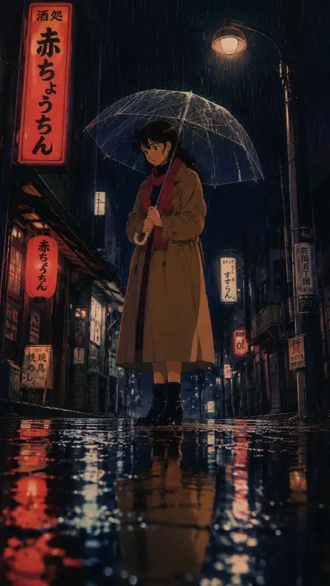 3. Rainy Night Street With an Umbrella