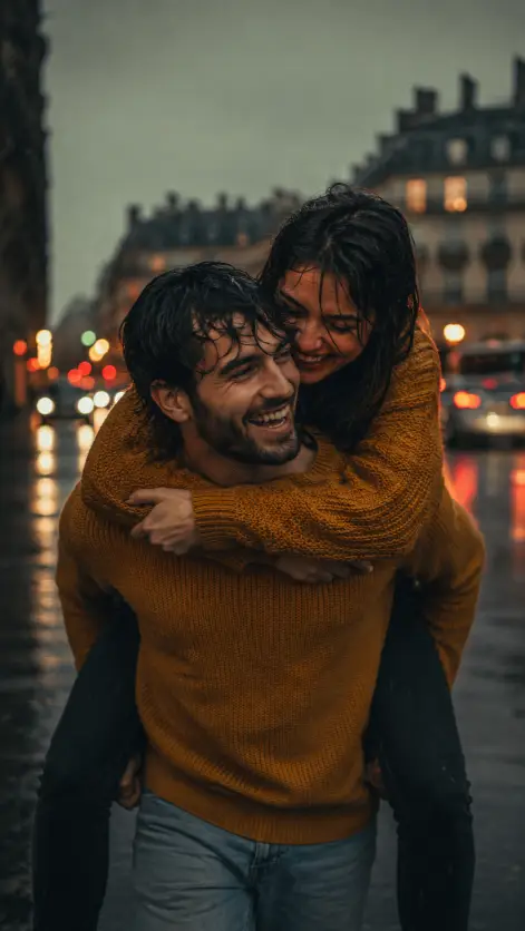 Piggyback Ride on a Rainy Street