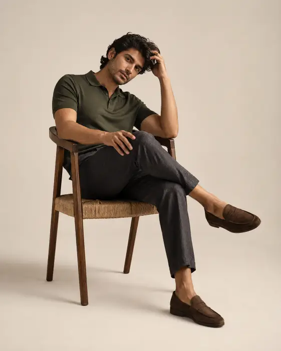 1. Seated Studio Portrait with Suede Loafers