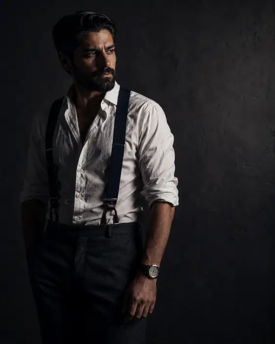 9. White Shirt and Suspenders in Low Light