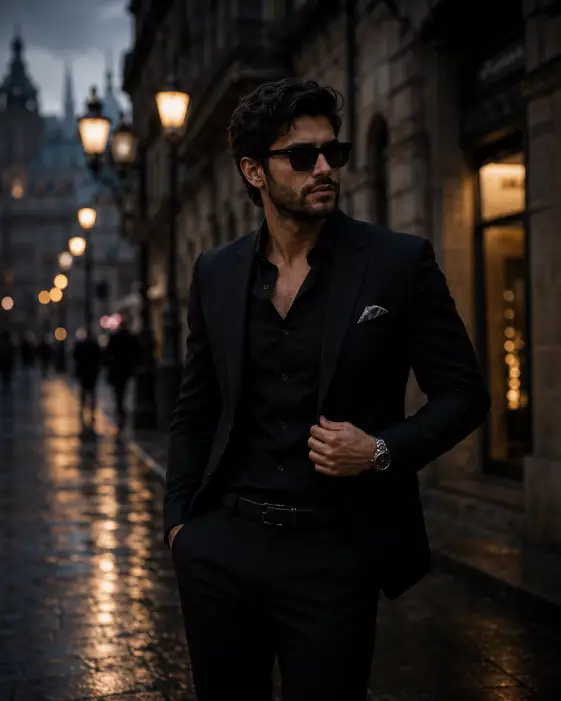 All Black Suit on a Wet Street