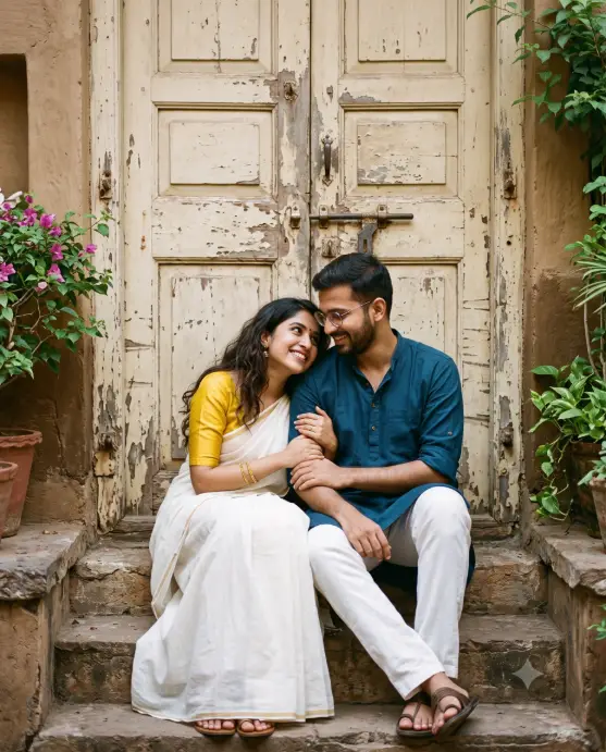 Traditional Indian Couple by a Wooden Door