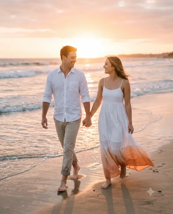 Create a photo of a young couple walking hand in hand along the shoreline of a beach at golden hour, both mid-step with gentle smiles as they look at each other. The man is wearing a white linen button-down shirt with rolled sleeves and beige chinos rolled at the ankles, and the woman is in a flowing white spaghetti-strap maxi dress with a soft ombre fade at the hem. Warm sunset light glows directly behind them, creating a hazy backlit effect with the sun reflecting off the wet sand and gentle waves. The camera is at eye level, shooting straight on from a few steps ahead of them. Soft peach and golden tones fill the frame. Shot with a 50mm lens, shallow depth of field, romantic film-style color grading. Use aspect ratio 4:5.