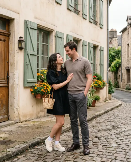 Create a photo of a couple standing close together in front of an old European building with large sage green wooden shutters and window boxes full of orange marigolds. The woman is in a black puff-sleeve mini dress with cream platform sneakers, one hand resting on the man's chest as she looks up at him, and he is in a taupe knit polo shirt and gray chinos with brown leather shoes, one hand in his pocket, looking down at her with a soft smile. The wall behind them is warm cream stucco. The camera is at eye level, full-body framing. Soft overcast daylight with gentle, even tones. Editorial travel photography style. Use aspect ratio 4:5.