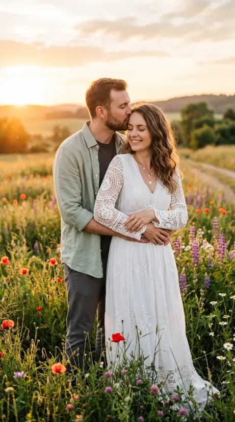 Create a photo of a man standing behind a woman in a blooming summer meadow at sunset, kissing her temple while his arms wrap around her waist and her hands rest on his. She is wearing a long white bohemian maxi dress with crochet lace sleeves and a delicate necklace, smiling softly with her eyes closed, and he is in a light sage button-down shirt over a dark tee with charcoal trousers. Scattered red poppies and purple wildflowers dot the golden field around them, with rolling hills fading into the distance. The setting sun glows on the left edge of the frame. The camera is at chest height, three-quarter framing. Warm, hazy, golden-hour tones. Shot with a 50mm lens. Use aspect ratio 9:16.