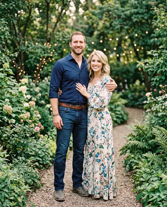 Create a photo of a couple standing embraced in a lush green garden, both facing the camera, the man's arm around her back and her hands resting on his arm and waist. He is wearing a navy blue fitted button-down shirt tucked into dark jeans with a brown belt, and she is in a long floral wrap dress with billowy sleeves, her blonde hair styled in soft waves with drop earrings. The background is softly blurred green trees with warm bokeh lights scattered through the leaves. The camera is at eye level, full-body framing. Soft, diffused natural light with muted green and cream tones. Classic portrait photography style. Use aspect ratio 4:5.