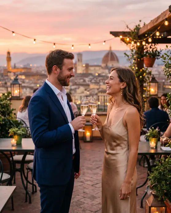 Create a photo of a couple clinking champagne glasses on a rooftop terrace at dusk, standing face to face and smiling at each other. The man is wearing a fitted navy suit with a white open-collar shirt, and the woman is in an elegant satin slip dress in champagne gold with delicate drop earrings and her hair in loose waves. Behind them, a glowing sunset sky in pink and amber stretches over a softly blurred city skyline, with string lights and candles on tables around the terrace. The camera is at shoulder height, capturing them from the side in a two-shot composition. Warm, rich, celebratory tones with sparkling highlights. Shot with a 50mm lens, shallow depth of field. Use aspect ratio 4:5.
