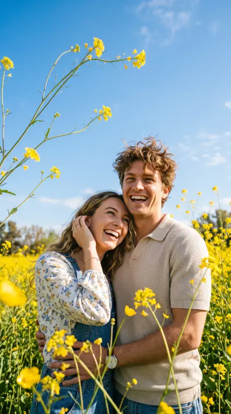 Create a photo of a happy couple photographed from a low angle against a bright blue sky, surrounded by tall yellow wildflowers that frame the shot in the foreground and above them. The woman is leaning into the man's shoulder, laughing with her hand near her ear, wearing a white floral-print blouse with denim overall straps, and he is smiling widely in a light beige knitted polo shirt with tousled sunlit hair. The yellow flowers appear both in sharp focus close to the lens and softly blurred around the couple. Bright, sunny, joyful daylight with vivid yellow and sky-blue tones. Fresh spring campaign photography style. Use aspect ratio 9:16.