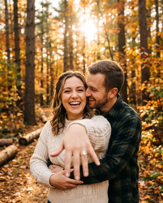 Create a photo of a happy couple in an autumn forest, the woman in front smiling brightly at the camera while extending her left hand forward to show off a diamond engagement ring, and the man hugging her from behind with his face nuzzled against her cheek, smiling. She is wearing a cream cable-knit sweater and he is in a dark green and black flannel shirt. Tall pine trees and golden autumn foliage fill the background, softly blurred, with warm sunlight bursting through the trees behind them. The camera is at eye level with focus on her face and the ring hand slightly soft in the foreground. Warm amber and golden tones. Shot with an 85mm lens, dreamy bokeh. Use aspect ratio 4:5.