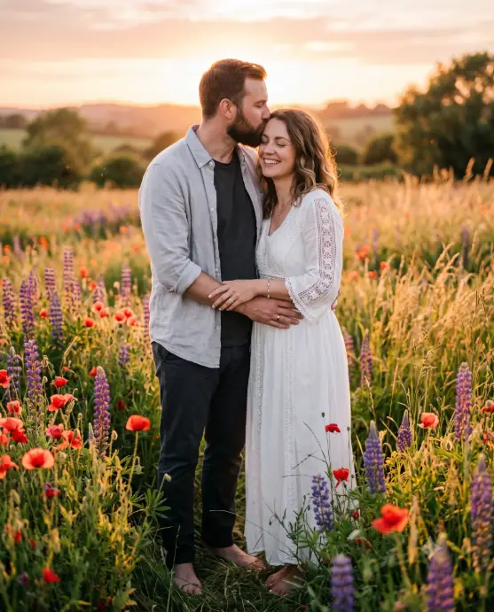 Create a photo of a couple standing in a wildflower meadow at sunset, the man gently kissing the woman's forehead while she smiles with her eyes closed, his hands wrapped around her waist and her hands resting on his. She is wearing a long white bohemian dress with lace sleeve details, and he is in a light gray linen shirt over a dark tee with dark trousers. The meadow around them is filled with red poppies, purple lupines, and tall golden grass. The setting sun glows low on the horizon behind them with a soft warm haze. The camera is at chest height, shooting slightly upward. Warm romantic golden tones with soft backlighting. Shot with a 50mm lens, shallow depth of field. Use aspect ratio 4:5.