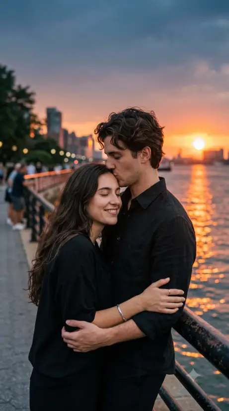 Create a photo of a young couple at a city waterfront railing at sunset, the man kissing the top of the woman's head while she leans against his chest with her eyes closed and a soft content smile. Both are wearing black, he in a black button-down shirt with tousled wavy hair and she in a black relaxed top with long dark hair falling over her shoulders. Behind them, the sun sets over the water in deep orange, casting a glowing path across the sea with a faint city skyline on the horizon. The camera is at eye level, close framing from the chest up. Warm orange and teal cinematic tones. Shot with a 50mm lens, shallow depth of field. Use aspect ratio 9:16.
