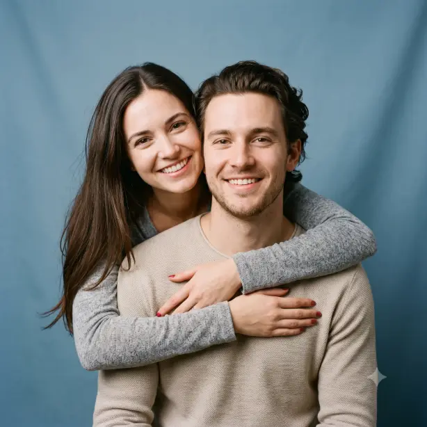 Create a photo of a woman hugging a man from behind in a playful piggyback-style pose, her arms wrapped over his shoulders and crossed at his chest while he holds her forearms gently. Both are smiling at the camera. He is wearing a cream henley long-sleeve top and she is in a light gray fitted long-sleeve top with red nail polish and long dark hair falling forward. The background is a solid soft powder-blue studio backdrop. The camera is at eye level with tight waist-up framing. Bright, clean, even studio lighting with fresh natural tones. Use aspect ratio 4:5.