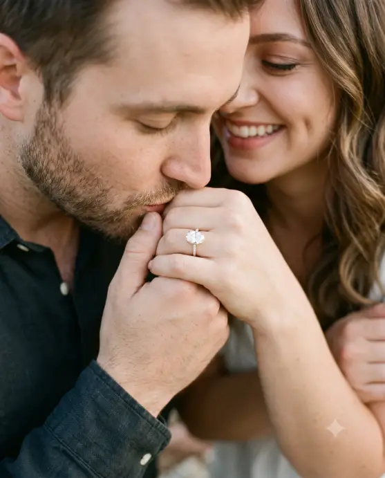 Create a close-up photo of a man softly kissing a woman's hand while she smiles with her face partially visible behind their hands, her engagement ring with an oval diamond clearly in focus. The framing is very tight on their hands and lower faces, filling the frame. Soft, warm, diffused natural light. Muted earthy tones with a boho film photography feel. Shot with an 85mm lens, extremely shallow depth of field. Use aspect ratio 4:5.