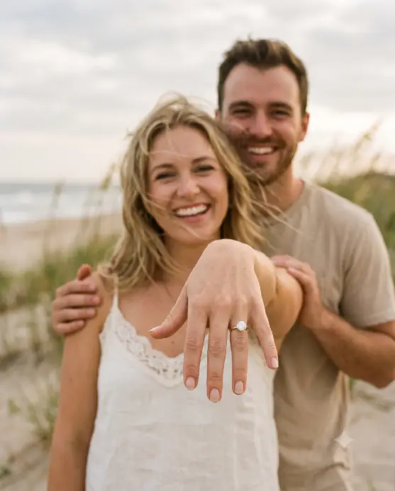 Create a photo of a woman holding her hand out toward the camera to show her engagement ring, with her hand and the ring in sharp focus while she and her fiance are softly blurred in the background. She is smiling with windblown hair, wearing a white lace-trimmed top, and he is behind her with his arm around her shoulder, grinning widely in a sand-colored t-shirt. The setting is a hazy beach dune with an overcast pale sky. The camera is at eye level, shooting straight at the extended hand. Warm, faded, film-inspired beige and cream tones. Shot with a 50mm lens at wide aperture. Use aspect ratio 4:5.