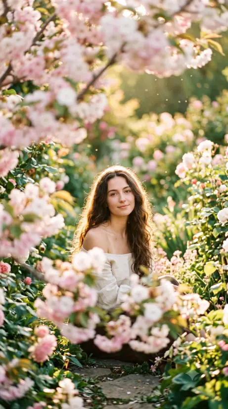 Create a photo of a young woman with long wavy dark hair sitting in a lush garden, photographed through out-of-focus pink and white blossoms in the foreground. Her shoulders are bare and she is gazing softly toward the camera with a calm, serene expression. Strong golden sunlight backlights her hair, creating a glowing halo effect with visible dust particles floating in the air. The camera is at eye level with a very shallow depth of field, so the flowers around her melt into soft bokeh. Warm greens, soft pinks, and golden highlights fill the frame. Dreamy, romantic film photography style. Use aspect ratio 9:16.