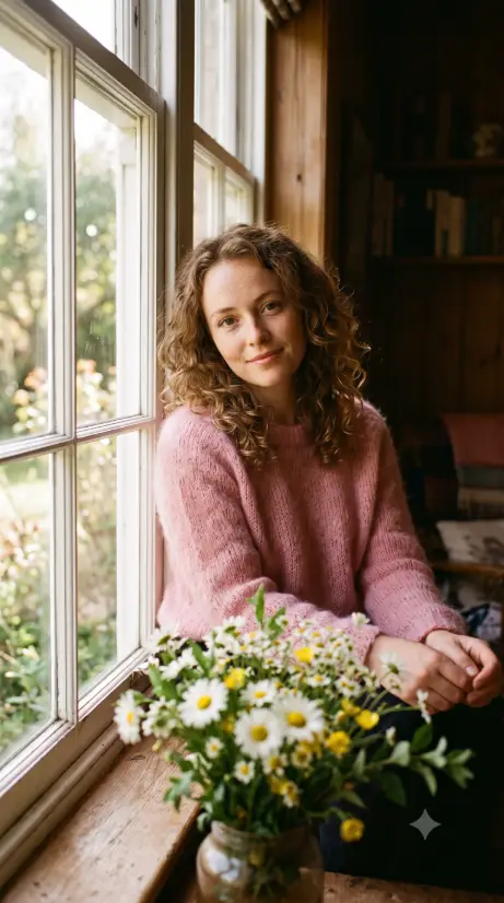 Create a photo of a young woman with soft curly light brown hair and gentle freckles sitting beside a window in warm indoor light, looking at the camera with a calm, tender expression. She is wearing a fuzzy pink mohair sweater. A bunch of white daisies and wildflowers sits blurred in the foreground at the bottom of the frame. The window light falls softly on one side of her face while the background stays dark and warm. Eye-level camera angle with shallow depth of field. Warm, faded, vintage tones like an old film photograph. Quiet and nostalgic mood. Use aspect ratio 9:16.