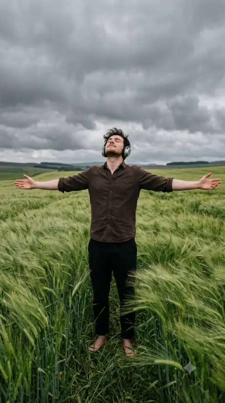 Create a photo of a young man standing in a vast green wheat field under a moody overcast sky, arms spread wide and head tilted back with his eyes closed, wearing silver over-ear headphones. He is dressed in a dark brown button-down shirt with sleeves rolled to the elbows and black trousers. The tall green grass around him sways in the wind, slightly blurred with motion. The camera is at waist height, a few steps back, capturing his full upper body against the gray clouds. Muted green and gray color palette with soft, even light. Cinematic, emotional, freeing mood. Use aspect ratio 9:16.