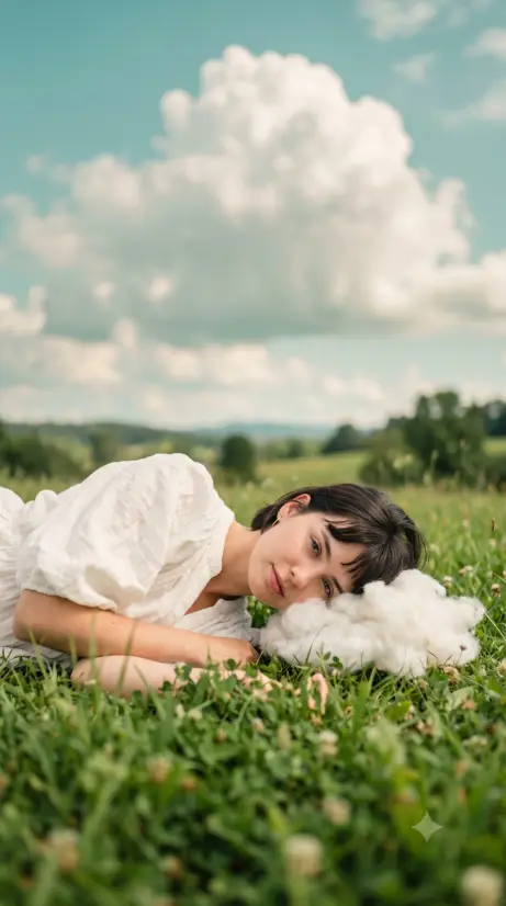 Create a surreal photo of a young woman with short dark hair and wispy bangs lying on her side on green grass, resting her head near a small fluffy white cloud sitting on the ground in front of her. She is wearing an oversized textured white blouse and gazing softly at the camera. Above her, a huge puffy cumulus cloud floats in a retro turquoise sky. The camera is at ground level with the grass blurred in the foreground. Soft pastel color grading with faded teal, cream, and warm skin tones, like a dreamy vintage postcard. Use aspect ratio 9:16.