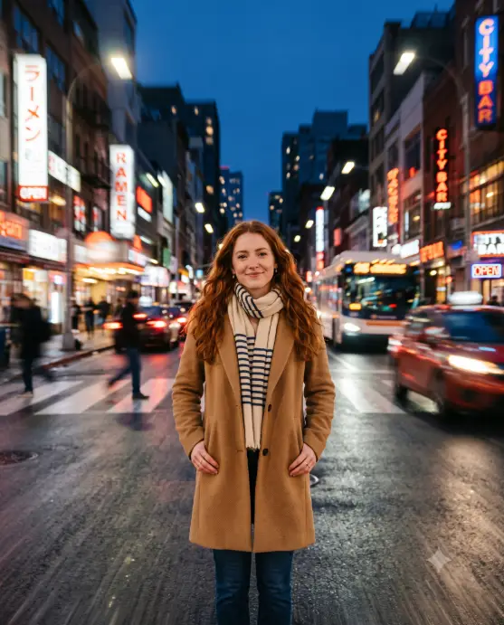 Create a photo of a young woman with long flowing auburn hair standing still in the middle of a city street at dusk, smiling softly at the camera while the world blurs around her. She is wearing a camel wool coat over a striped cream scarf and dark jeans, hands in her pockets. The background shows radial motion blur with streaking car lights, glowing neon signs, and city buildings zooming outward from her, as if shot with a long exposure zoom effect. She remains perfectly sharp in the center. Cool blue evening tones with warm neon accents. Use aspect ratio 4:5.