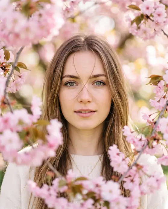 Create a close-up portrait of a young woman with long light brown hair and blue-green eyes, her face framed by out-of-focus pink cherry blossoms in the foreground on all sides. A few loose strands of hair fall across her face and her lips are slightly parted in a soft, calm expression. Bright, diffused spring daylight illuminates her face evenly with a gentle glow. The camera is at eye level, shooting through the blossom branches with a very shallow depth of field. Soft pink, cream, and warm brown color palette. Romantic, fresh, editorial spring mood. Use aspect ratio 4:5.