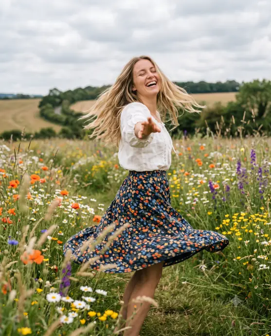 Create a candid photo of a young woman twirling joyfully through a wildflower meadow, laughing with her eyes closed, one arm reaching toward the camera and her long blonde hair flying in the wind. She is wearing a white puff-sleeve peasant blouse and a dark floral midi skirt in motion around her. Orange poppies, white daisies, and tall grasses fill the field, blurred in the foreground, under a soft cloudy sky. The camera is at eye level, close to her, with slight motion blur on her hair and the flowers. Fresh, natural tones with soft light. Free-spirited, happy, storybook mood. Use aspect ratio 4:5.