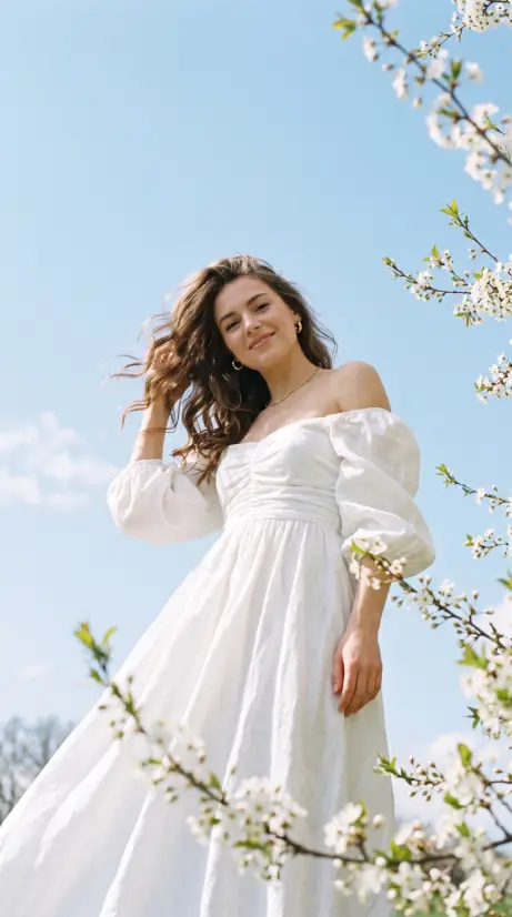 Create a photo of a young woman in a flowing white off-shoulder dress with billowing sleeves, photographed from a low angle looking up at her against a clear pale blue sky. Her long brown hair is blowing gently in the wind and she is looking down at the camera with a soft, confident expression, wearing small gold hoop earrings. Blurred white blossom branches frame the bottom and edges of the shot. Bright natural daylight with soft shadows. The mood is airy, ethereal, and springlike, with a white and sky-blue color palette. Use aspect ratio 9:16.