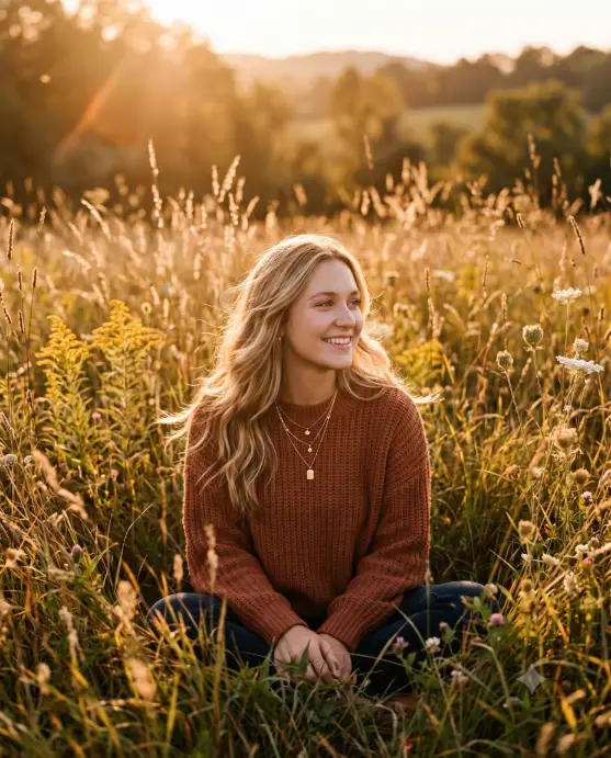 Create a candid photo of a young woman with long wavy blonde hair sitting in a field of tall grass at golden hour, smiling gently and looking off to the side. She is wearing a rust-colored knit sweater and layered thin gold necklaces. The setting sun behind her creates a warm rim light on her hair and glowing bokeh from the backlit grass seed heads. The camera is at eye level with a shallow depth of field, with soft lens flare in the corner. Warm amber and honey tones throughout. Natural, cozy lifestyle photography style. Use aspect ratio 4:5.