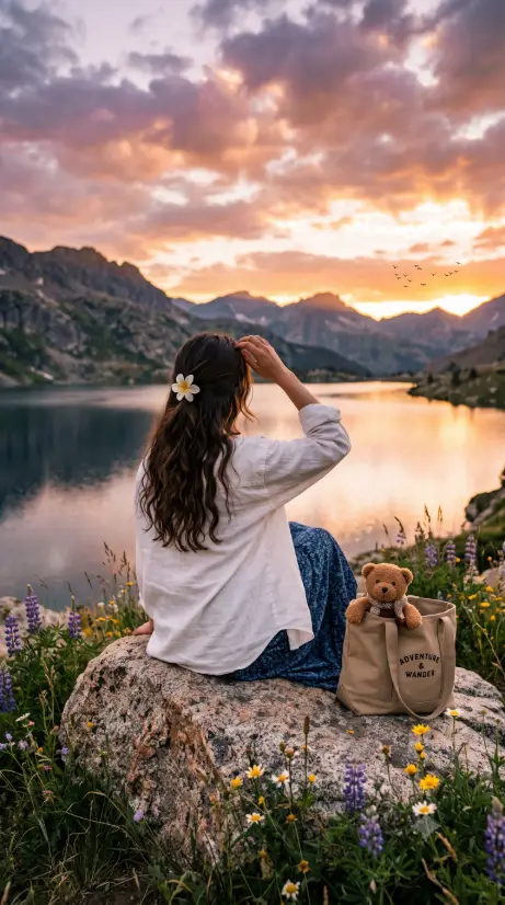 Create a photo of a young woman with long dark hair sitting on a large rock, seen from behind, looking out over a calm lake surrounded by mountains at sunset. She is wearing an oversized white shirt and a dark skirt, with a white flower clip in her hair, one hand raised to brush her hair back. Beside her sits a canvas tote bag with a small teddy bear peeking out, and wildflowers grow around the rock. The sky is filled with dramatic pink and orange clouds, and a few birds fly in the distance. Eye-level camera angle with soft, warm evening light. Nostalgic, peaceful, cinematic mood. Use aspect ratio 9:16.
