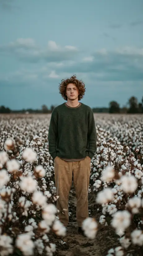 Create a photo of a young man with messy curly auburn hair standing in a vast cotton field, hands in his pockets, looking directly at the camera with a calm, distant expression. He is wearing a loose dark green knit sweater and baggy tan corduroy trousers. Out-of-focus white cotton bolls fill the foreground and background as soft round bokeh shapes. The sky is a muted teal-blue and the light is soft and diffused. The camera is at chest height with a shallow depth of field. Muted, earthy, cinematic color grading with a vintage film feel. Use aspect ratio 9:16.