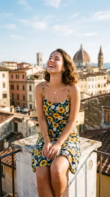Create a photo of a young woman with wavy chin-length brown hair sitting on a weathered white rooftop ledge, laughing with her eyes closed and head tilted up toward the sun. She is wearing a sunflower and daisy print sundress with thin straps and layered pendant necklaces, hands resting between her knees. The background shows a softly blurred old European city skyline with pastel buildings and a domed cathedral under a bright summer sky. Eye-level camera angle with warm, slightly faded vintage color grading like old film stock. Joyful, nostalgic summer mood. Use aspect ratio 9:16.