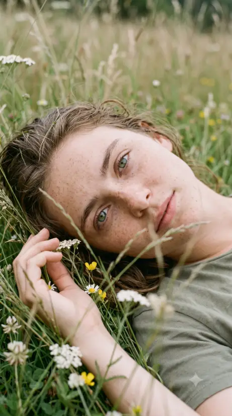Create an extreme close-up photo of a young woman lying on her back in a meadow, her face filling most of the frame, looking at the camera with striking green eyes and natural freckles. One hand rests softly near her head in the grass. Thin blades of wild grass and tiny white flowers cross the frame in the blurred foreground, partially framing her face. Soft, diffused overcast daylight with no harsh shadows. Muted natural tones of soft green, beige, and warm skin tones. Intimate, quiet, editorial beauty photography style with very shallow depth of field. Use aspect ratio 9:16.