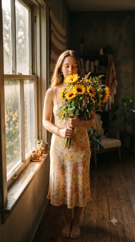 Create a photo of a young woman with long loose brown hair standing beside a sunlit window indoors, holding a large bouquet of sunflowers that covers the lower half of her face, her eyes closed peacefully. She is wearing a delicate floral print slip dress in soft yellow and peach tones. Warm late afternoon sunlight streams through the window, casting a golden glow on her arms and the flowers, with the dim room falling into shadow behind her. Eye-level camera angle. Grainy, warm, vintage film photography style with soft muted tones. Use aspect ratio 9:16.
