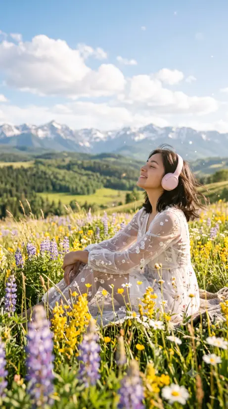 Create a photo of a young woman with dark shoulder-length hair sitting cross-legged in a colorful wildflower meadow, eyes closed and face tilted up toward the sky with a gentle smile, wearing pastel pink headphones. She is dressed in a sheer white floral-embroidered dress with long sleeves. Behind her, rolling green hills lead to snow-capped mountains under a bright blue sky with fluffy white clouds, and soft light particles float in the air. The camera is at her level from the side with purple, yellow, and white flowers blurred in the foreground. Bright, dreamy, sun-drenched lighting. Use aspect ratio 9:16.