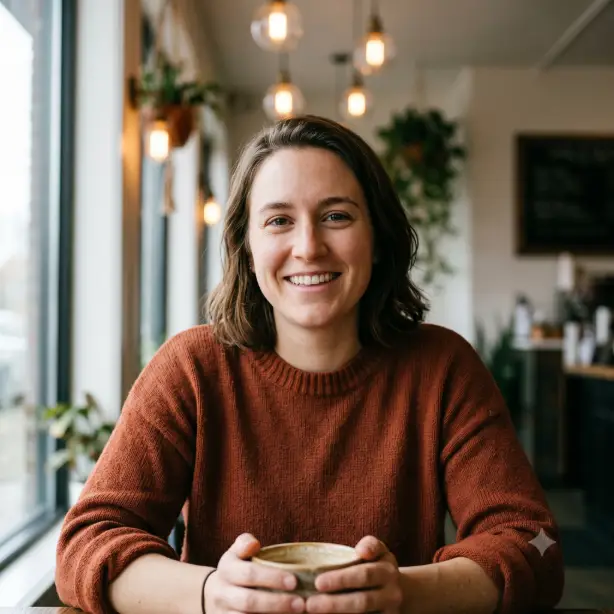 Create a lifestyle professional headshot of the person in the uploaded photo, keeping their face identical. They are wearing a rust-colored knit sweater with sleeves slightly pushed up, seated at a wooden table with hands wrapped around a ceramic coffee cup just visible at the bottom of the frame, smiling naturally at the camera. Shoot at eye level from the chest up with shallow depth of field. Warm window light from the left with soft ambient interior glow. The background is a blurred cozy coffee shop with hanging pendant lights and plants in bokeh. Candid, warm lifestyle photography style. Use aspect ratio 1:1.