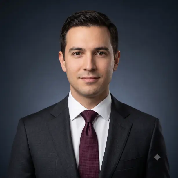 Create a formal business headshot of the person in the uploaded photo, preserving their exact face. They are wearing a sharply fitted dark charcoal suit, white spread-collar shirt, and a deep burgundy silk tie, posture upright with a composed, professional expression and a subtle smile. Shoot at eye level from the chest up. Classic three-point studio lighting with soft key, fill, and hair light. The background is a graduated dark blue-gray studio backdrop. Traditional executive portrait style with impeccable sharpness and neutral color grading. Use aspect ratio 1:1.