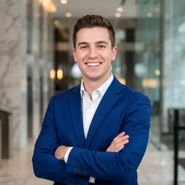 Create a polished professional headshot of the person in the uploaded photo, preserving their likeness. They are wearing a fitted royal blue blazer over a white shirt with no tie, arms crossed confidently with a bright, enthusiastic smile and direct eye contact. Shoot at eye level from the chest up. Bright, flattering softbox lighting from the front with a clean catchlight in the eyes. The background is a blurred upscale modern building lobby with marble and glass in soft focus. Energetic, sharp commercial photography style with vibrant yet natural tones. Use aspect ratio 1:1.