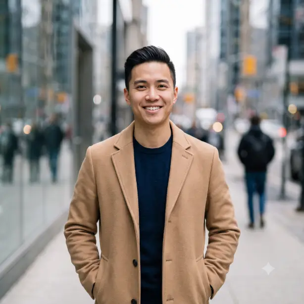 Create an urban professional headshot of the person in the uploaded photo, preserving their exact features. They are wearing a camel wool overcoat over a navy sweater, standing on a sidewalk with hands in coat pockets and a confident, easy smile toward the camera. Shoot at eye level from the chest up with shallow depth of field. Soft overcast daylight creating even, flattering illumination. The background is a blurred downtown street with glass buildings and muted city colors in creamy bokeh. Polished street-style editorial photography with cool, refined neutral tones and crisp detail. Use aspect ratio 1:1.