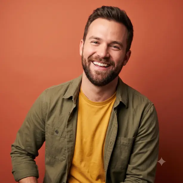 Create a vibrant professional headshot of the person in the uploaded photo, keeping their face unchanged. They are wearing a casual mustard yellow crew neck t-shirt under an open olive overshirt, arms relaxed, with a genuine mid-laugh smile and head tilted slightly. Shoot at eye level, cropped from the chest up. Bright, soft diffused lighting that flatters the skin. The background is a solid warm terracotta studio wall with a subtle gradient. Playful yet polished editorial style with punchy, saturated colors. Use aspect ratio 1:1.