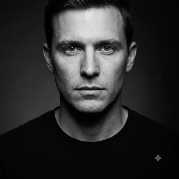 Create a black and white editorial headshot of the person in the uploaded photo, preserving their exact face. They are wearing a plain dark crew neck shirt, body squared to the camera with chin slightly lowered and a composed, intense gaze into the lens. Shoot at eye level, tightly framed from the shoulders up. Directional soft light from the front left with deep but controlled shadows sculpting the face. The background is a plain dark gray fading to near black. High contrast monochrome fine art portrait style with rich blacks and crisp detail. Use aspect ratio 1:1.