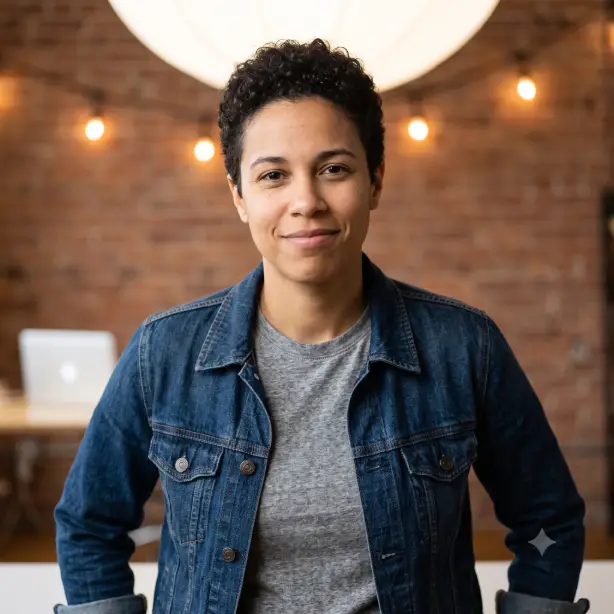Create a modern casual headshot of the person in the uploaded photo, keeping their face exactly the same. They are wearing a heather gray premium t-shirt under an open dark denim jacket, leaning slightly forward with elbows implied on a surface below frame and a confident half-smile. Shoot at eye level from the chest up. Soft, even lighting from a large diffused source in front. The background is a blurred brick loft workspace with warm string lights and an out-of-focus laptop in the distance. Clean startup lifestyle photography style with warm neutral tones. Use aspect ratio 1:1.
