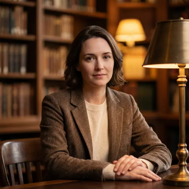 Create a scholarly portrait of the person in the uploaded photo, keeping their face unchanged. They are wearing a textured brown tweed blazer over a cream sweater, seated with body angled left and face turned to the camera with a thoughtful, gentle expression. Shoot at eye level, framed from the chest up. Warm, soft lamp-style lighting from the front right. The background shows blurred wooden bookshelves filled with books in warm amber bokeh. Warm, intellectual editorial portrait style with rich browns and soft golds. Use aspect ratio 1:1.