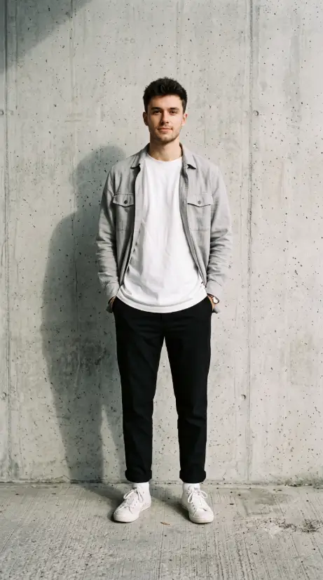 Overshirt and Black Trousers Against a Plain Wall