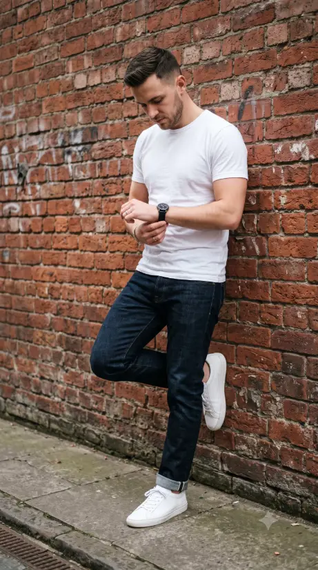 Create a photo of a man leaning back against an old red brick wall with his head tilted slightly down, looking at his hands as he adjusts his watch strap, one foot resting flat against the brick behind him. He is wearing a plain white fitted cotton crew neck t-shirt, dark indigo raw denim jeans cuffed once at the ankle, white minimal leather sneakers, and a black rubber strap watch. His hair is short and neatly styled. The background is a weathered red brick wall with visible mortar lines and worn texture, with a strip of grey pavement at the bottom of the frame. The camera is at chest height capturing him from mid-thigh upward. Soft overcast daylight with gentle shadows and no glare. Warm red brick tones contrasted against clean white and deep indigo. Shot with a 50mm lens. Use aspect ratio 9:16.