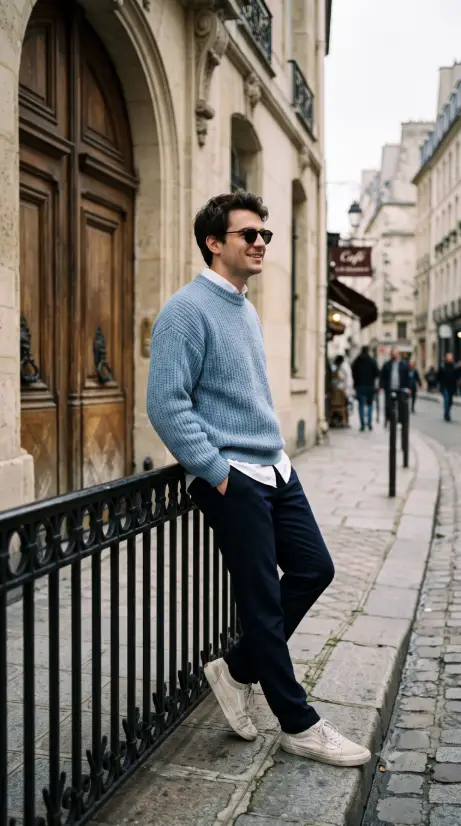 Blue Knit Sweater on a European Street