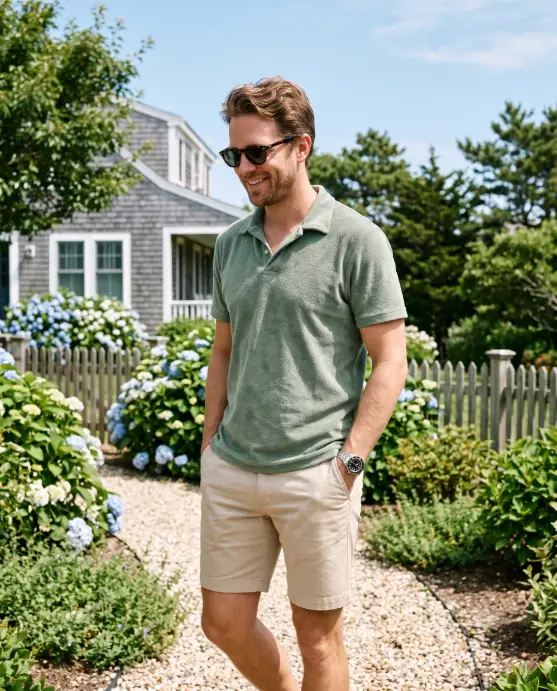 Terry Polo and Tailored Shorts in a Garden