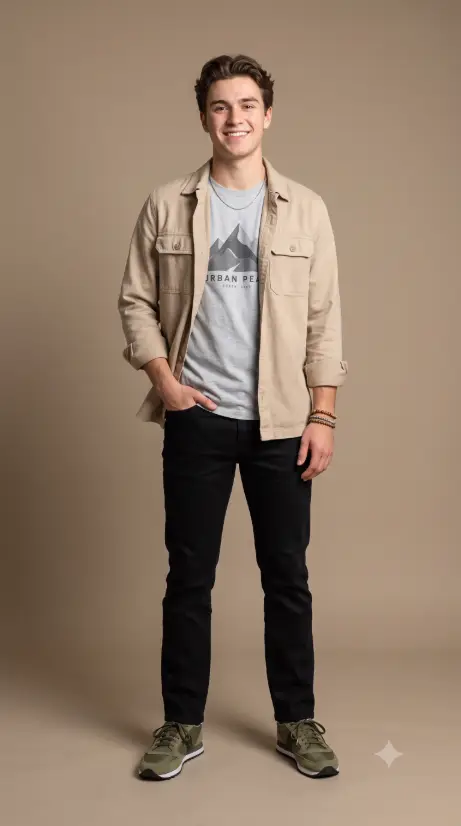 Beige Shacket with Black Jeans in a Studio